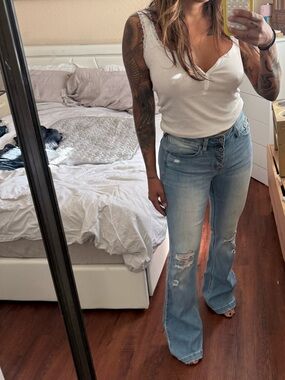 Light Blue High-Waist Flare Jeans with Button Fly